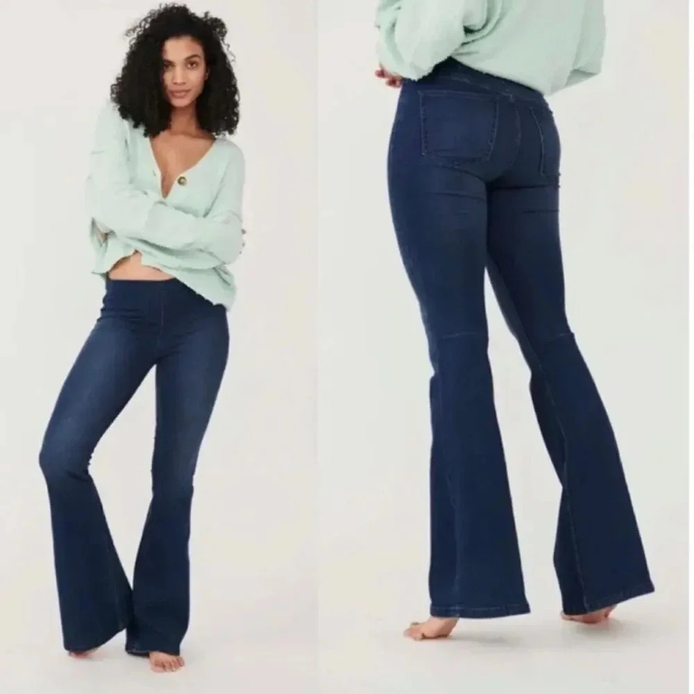 NEW Free People Flare Penny Pull On Denim Jean in Rich Blue
